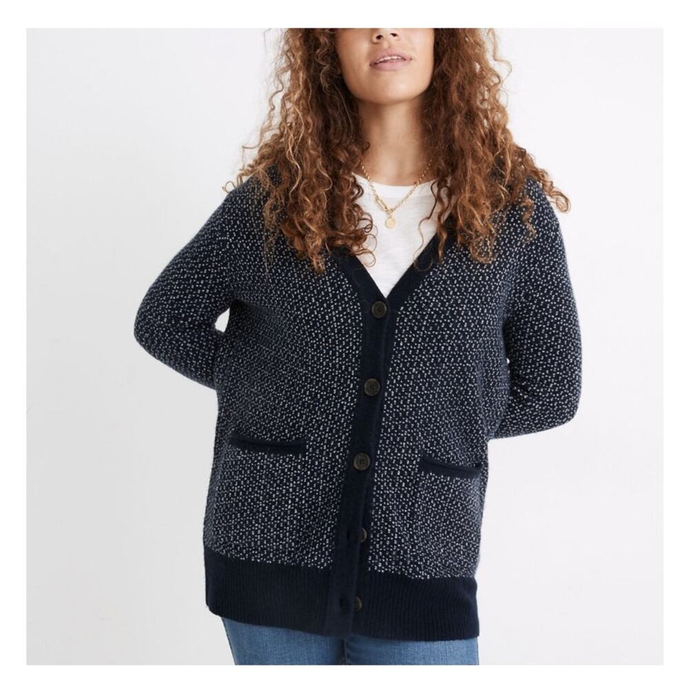 Madewell Navy and White Textured Cardigan Sweater